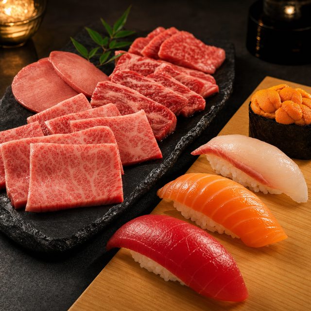 焼肉と寿司の盛り合わせ